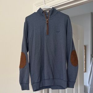 Men's Blue Half-Zip Sweater with Brown Elbow Patches